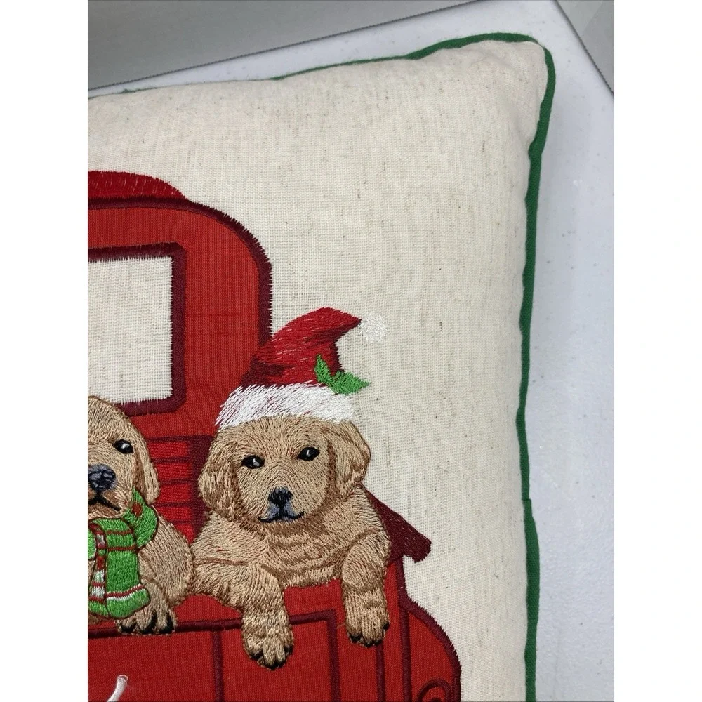 Vtg Pier 1 Merry Christmas Embroidered Pillow Dogs In Red‎ Truck 16x16
